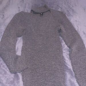 Woven Grey V- low cut turtleneck  fitted sweater dress
